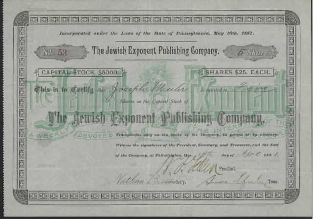 Jewish Exponent stock certificate w Religious Liberty statue