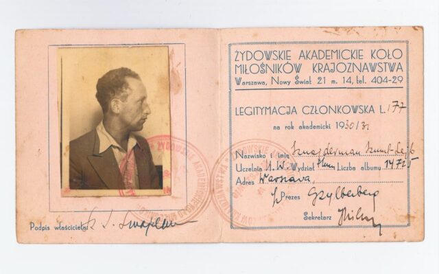Shmuel Sznayderman’s Żydowskie Akademickie Kolo Miłośników Krajoznawstwa membership card Warsaw, Poland, 1930