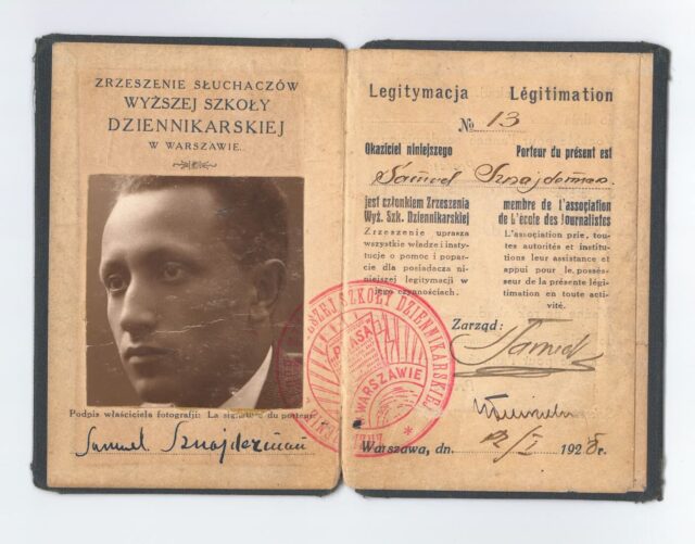 Shmuel Sznayderman’s journalism school identification card, Warsaw, Poland, 1927