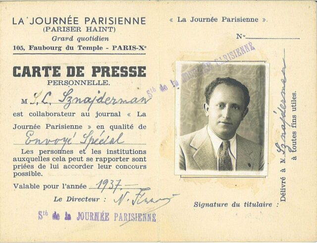 Shmuel Sznajderman's pass, La Journee Pariseinne (Pariser Haint), Paris, France, 1937.