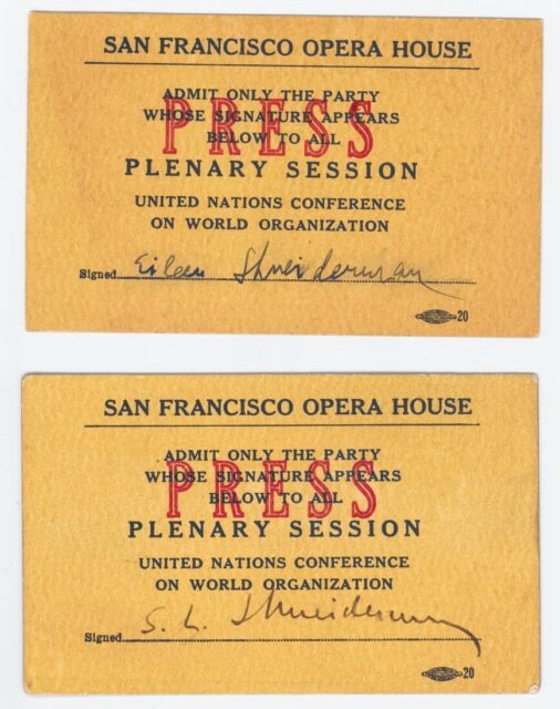 Eileen and Samuel Shneiderman’s passes to the United Nations Conference on World Organization