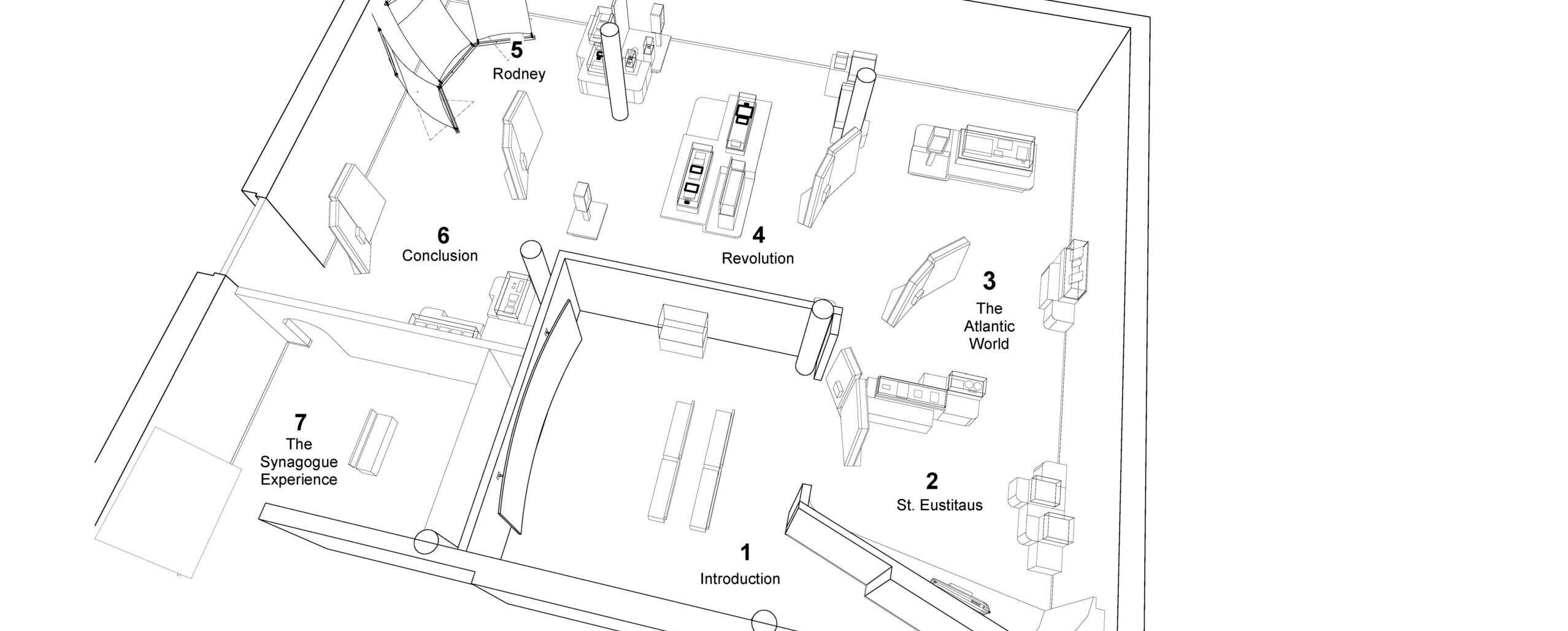 Black and white, computer-generated overhead look at the gallery layout for The First Salute that shows the different 'chapters' of the exhibitions.